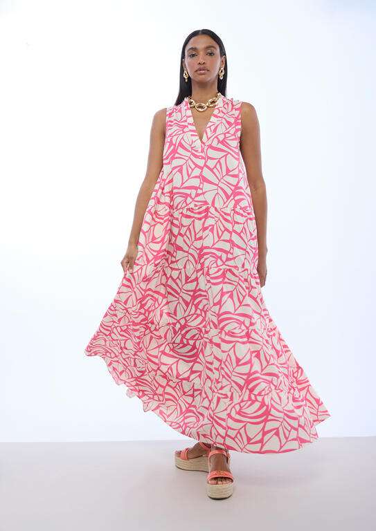 VESTIDO LARGO ESCOTE PICO PRINT FUSIA